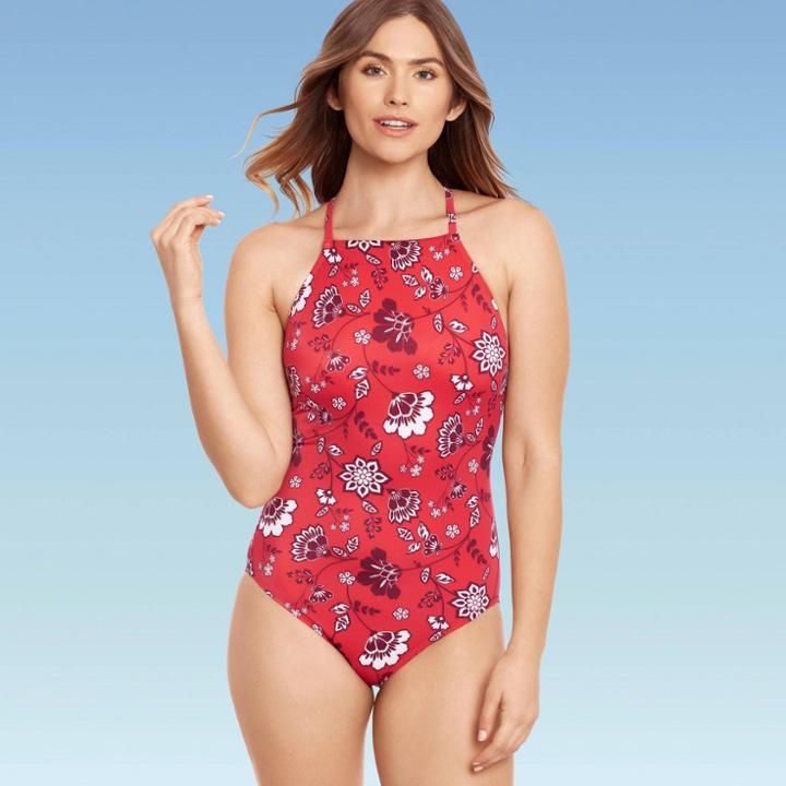 Women's Slimming Control High Neck One Piece Swimsuit - Beach Betty By Miracle Brands Red Floral