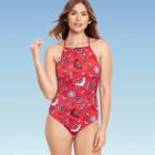 Women's Slimming Control High Neck One Piece Swimsuit - Beach Betty By Miracle Brands Red Floral