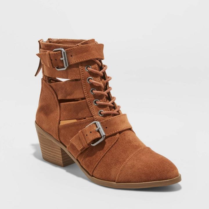 Women's Brandi Microsuede Buckled Lace-up Bootie - Universal Thread Cognac (red)