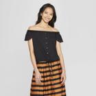 Women's Short Flutter Sleeve Button-down Bardot Top - Who What Wear Black