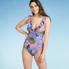 Women's Over The Shoulder Ruffle High Coverage One Piece Swimsuit - Kona Sol Multi S, Blue/blue/blue