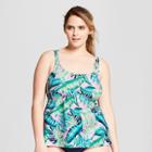 Costa Del Sol Women's Floral Print Plus Size Leafy Tropical Tankini Top - Turquoise X, Blue