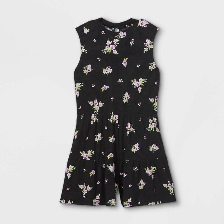 Girls' Floral High Neck Sleeveless Romper - Art Class Black