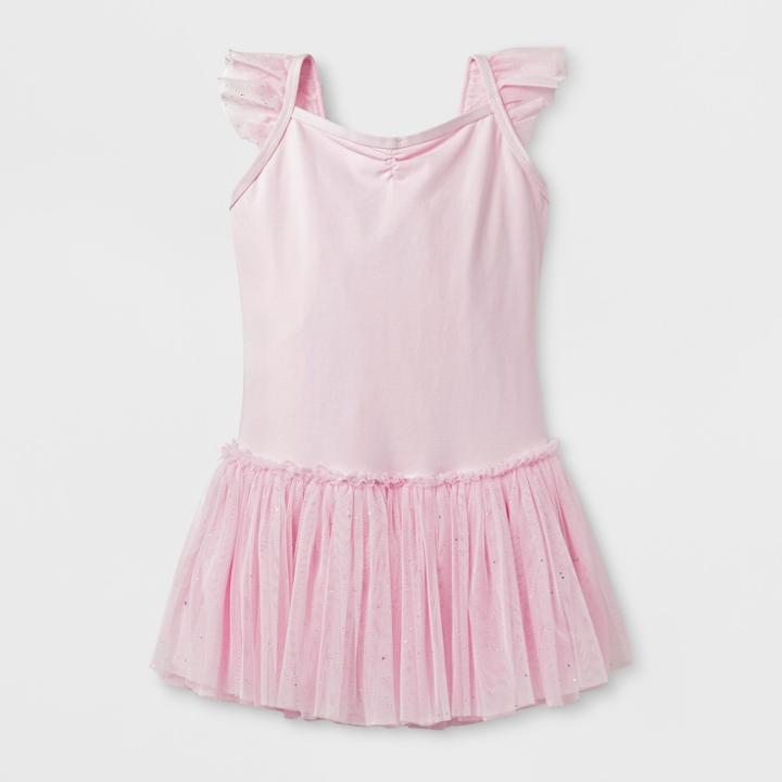 Danshuz Toddler Girls' Camisole Activewear Dress With Glitter Net Flutter Sleeves, Center Back Bow Triple Layer Skirt - Pink 2-4,
