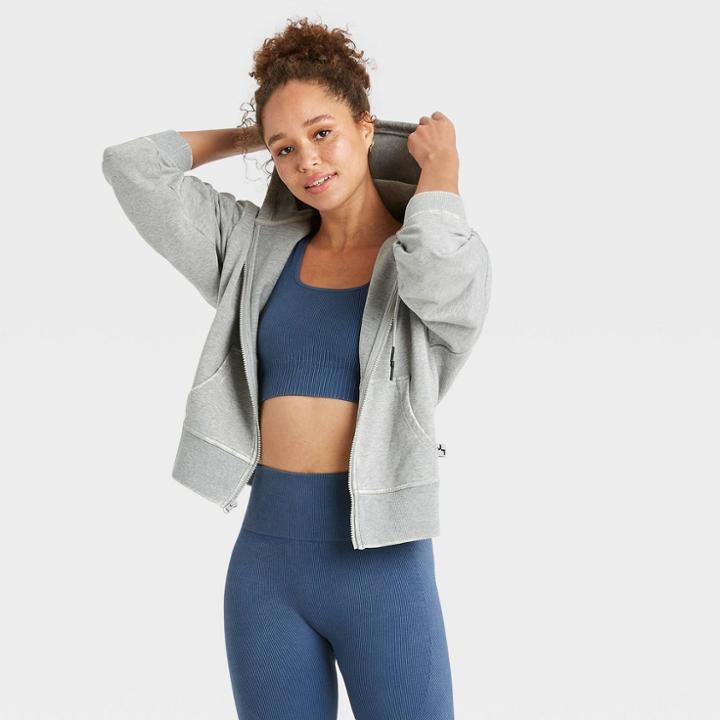 Women's Full Zip French Terry Acid Wash Hoodie - Joylab Medium Heather Gray