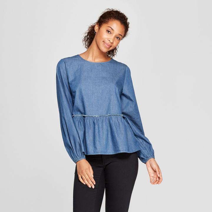 Women's Long Sleeve Flannel Peplum Blouse - Universal Thread Medium Wash