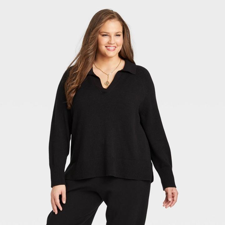 Women's Plus Size Split Neck Pullover Sweater - Ava & Viv Black