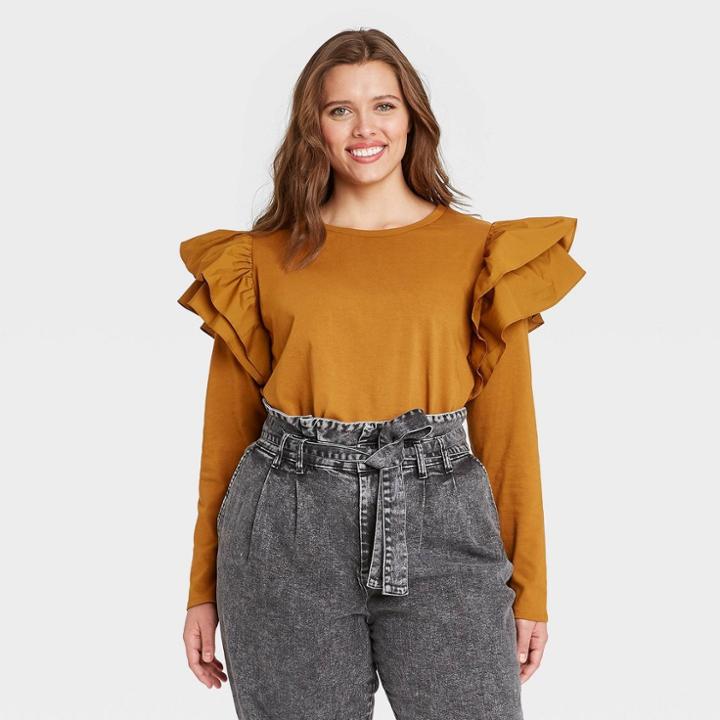 Women's Plus Size Ruffle Long Sleeve Knit Top - Who What Wear Brown