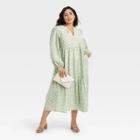 Women's Plus Size Long Sleeve Tiered Dress - A New Day Green Floral Print