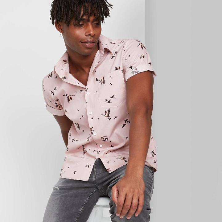 Men's Animal Print Short Sleeve Button-down Shirt - Original Use Pink