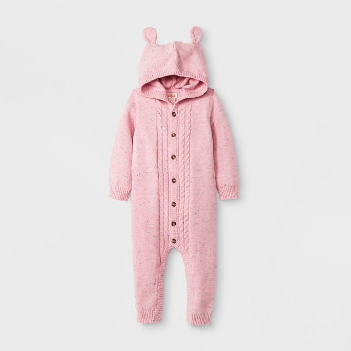Baby Boys' Long Sleeve Hooded Cable Sweater Romper - Cat & Jack Woodrose 18m, Boy's, Pink