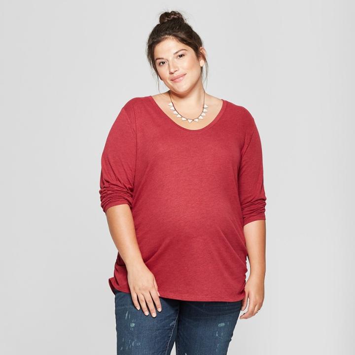 Maternity Plus Size Long Sleeve Shirred T-shirt - Isabel Maternity By Ingrid & Isabel Dark Red Heather