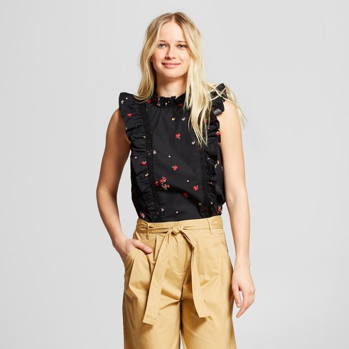 Women's Floral Print Sleeveless Ruffled Shell T-shirt - Who What Wear Black