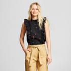 Women's Floral Print Sleeveless Ruffled Shell T-shirt - Who What Wear Black