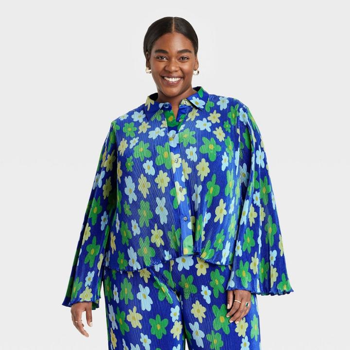 Black History Month Target X Sammy B Women's Plus Size Cropped Button-down Shirt - Blue Floral