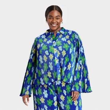 Black History Month Target X Sammy B Women's Plus Size Cropped Button-down Shirt - Blue Floral