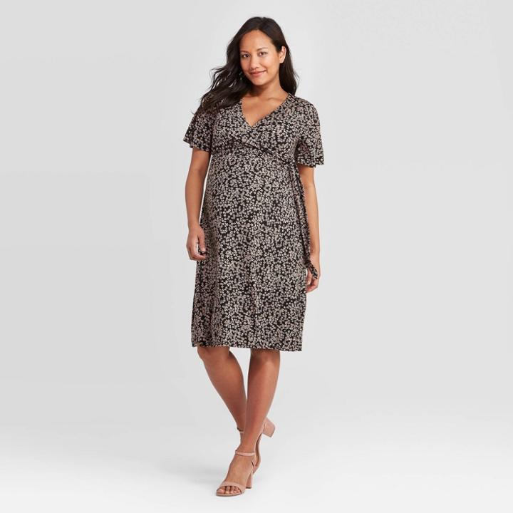 Short Sleeve Knit Wrap Maternity Dress - Isabel Maternity By Ingrid & Isabel Black Floral Print