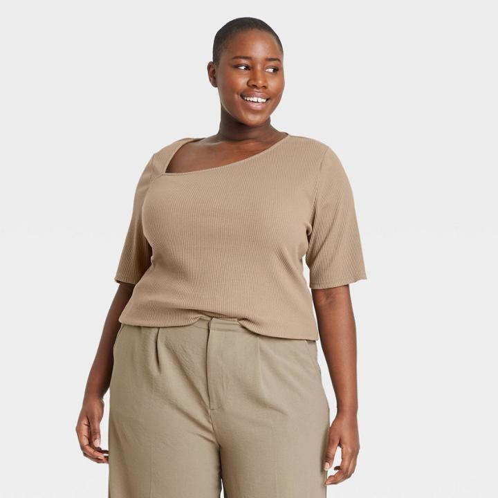Women's Plus Size Elbow Sleeve Asymmetrical Neck T-shirt - Who What Wear Brown