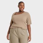 Women's Plus Size Elbow Sleeve Asymmetrical Neck T-shirt - Who What Wear Brown