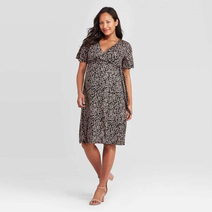 Maternity Floral Print Short Sleeve Knit Wrap Dress - Isabel Maternity By Ingrid & Isabel Black Xs, Women's, Beige Black