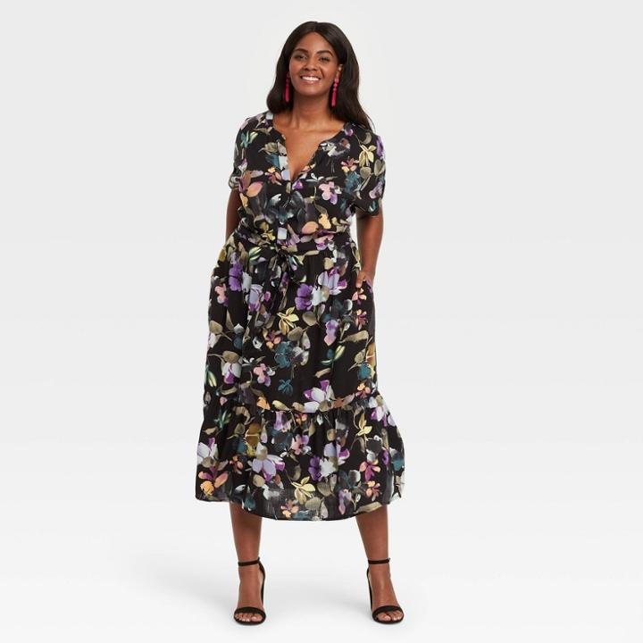 Women's Plus Size Short Sleeve Floral Print Shirtdress - Ava & Viv Black X