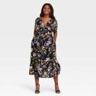 Women's Plus Size Short Sleeve Floral Print Shirtdress - Ava & Viv Black X
