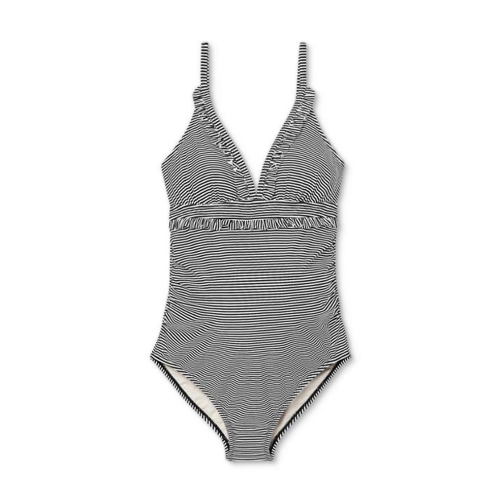 V-neck Micro Ruffle One Piece Maternity Swimsuit - Isabel Maternity By Ingrid & Isabel Striped S, Black/blue/white