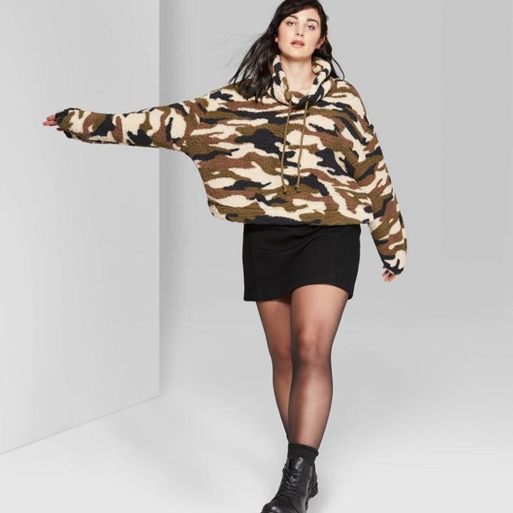 Women's Plus Size Camo Print Long Sleeve Cowl Neck Sherpa Pullover - Wild Fable Olive 4x, Size: