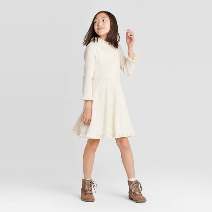 Girls' Long Sleeve Lettuce Edge Metallic Dress - Art Class White Xs, Girl's,