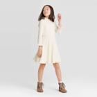 Girls' Long Sleeve Lettuce Edge Metallic Dress - Art Class White Xs, Girl's,