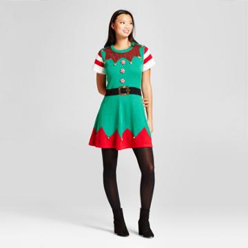 Women's Sequin Elf Ugly Christmas Sweater Dress - 33 Degrees Green