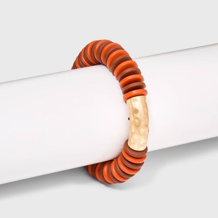 Wood Beaded And Hammered Bar Stretch Bracelet - Universal Thread Rust