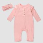 Honest Baby Organic Cotton Painterly Rib Ruffle Sleeve Coveralls Headband Set - Pink Newborn