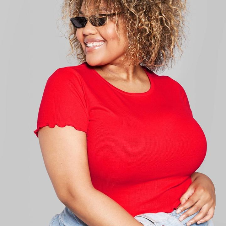 Women's Plus Size Short Sleeve Scoop Neck Lettuce Edge Baby T-shirt - Wild Fable Red 4x, Size: