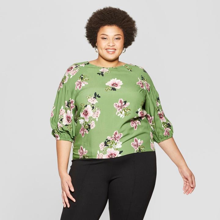 Women's Plus Size Floral Print 3/4 Sleeve Pleated Blouse - Ava & Viv Green