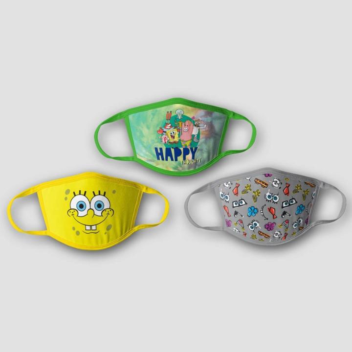Spongebob Squarepants Kids' 3pk Spongebob Face Mask, Yellow/green/gray