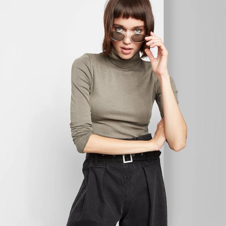 Women's Long Sleeve Mock Turtleneck Ribbed Pigment Dyed T-shirt - Wild Fable Olive Xs, Women's, Green