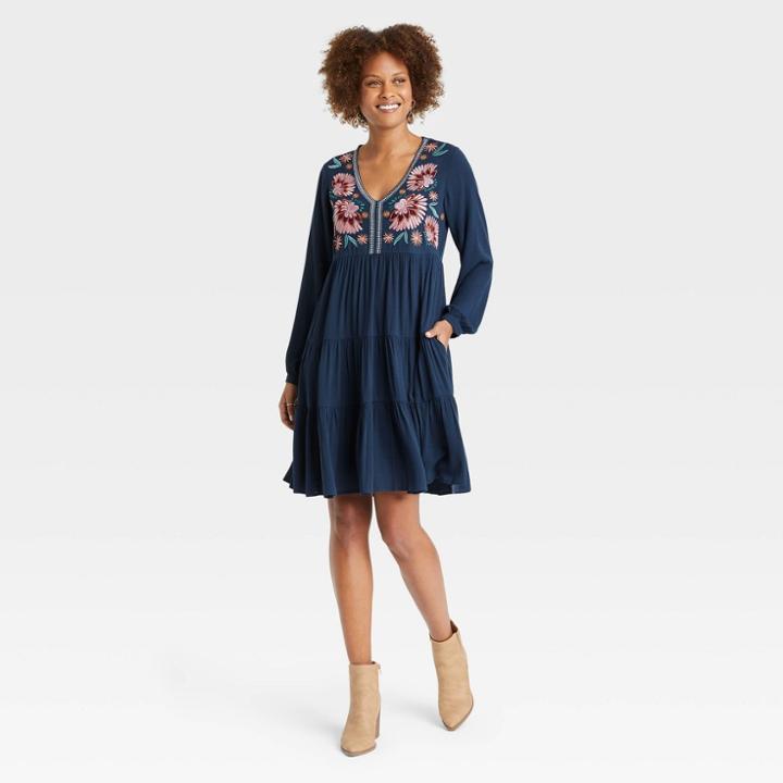 Women's Balloon Long Sleeve Embroidered Dress - Knox Rose Navy