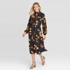 Women's Floral Print Long Sleeve Smocked Dress - A New Day Black