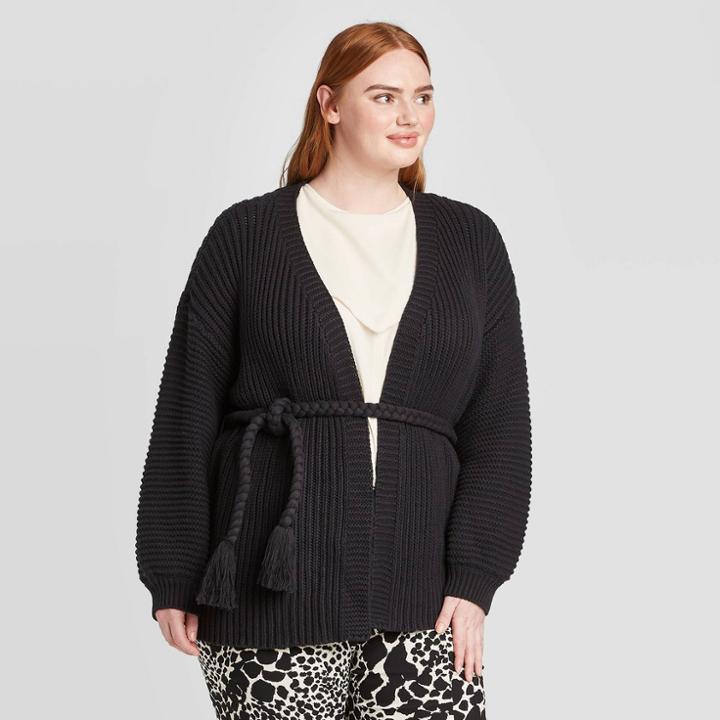 Women's Plus Size Long Sleeve Tie Waist Chunky Cardigan - Who What Wear Black 1x, Women's,