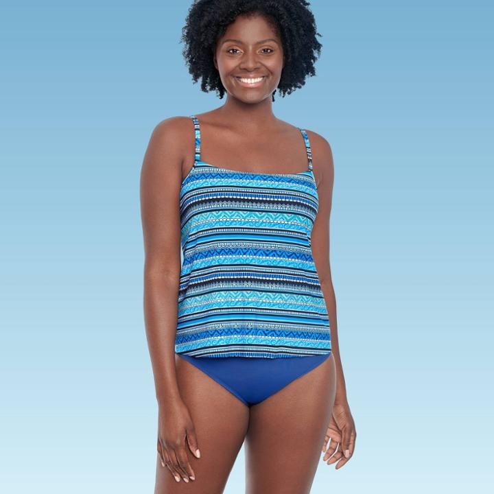Women's Slimming Control Straight Neck Tankini Top - Dreamsuit By Miracle Brands Blue