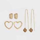 Hoop Heart And Drop Threader Trio Earring Set 3pc - Wild Fable Gold
