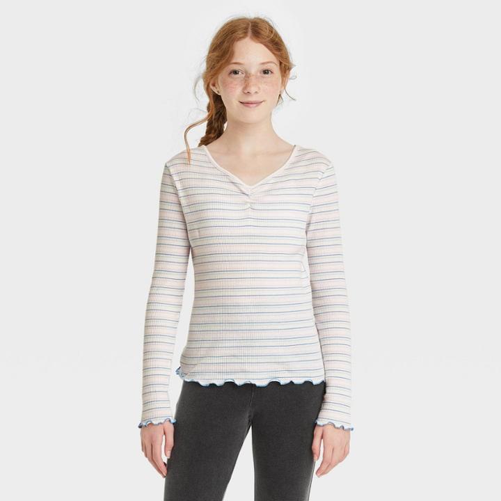 Girls' Cinch Front Lettuce Edge Long Sleeve T-shirt - Art Class S,