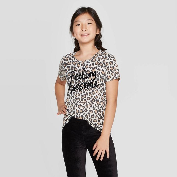 Petitegirls' Short Sleeve Cheetah Print T-shirt - Art Class Brown Xs, Girl's, Beige