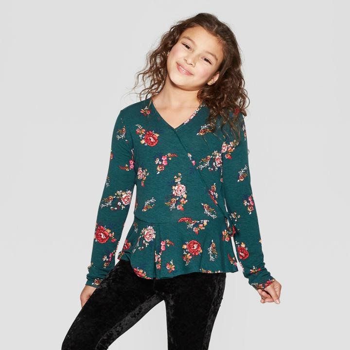 Girls' Long Sleeve V-neck Top - Art Class Teal