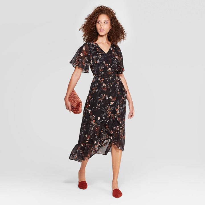 Petitewomen's Floral Print Short Sleeve V-neck Chiffon Maxi Dress - A New Day Black