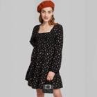 Women's Floral Print Long Sleeve Square Neck Smocked Top Babydoll Mini Dress - Wild Fable Black