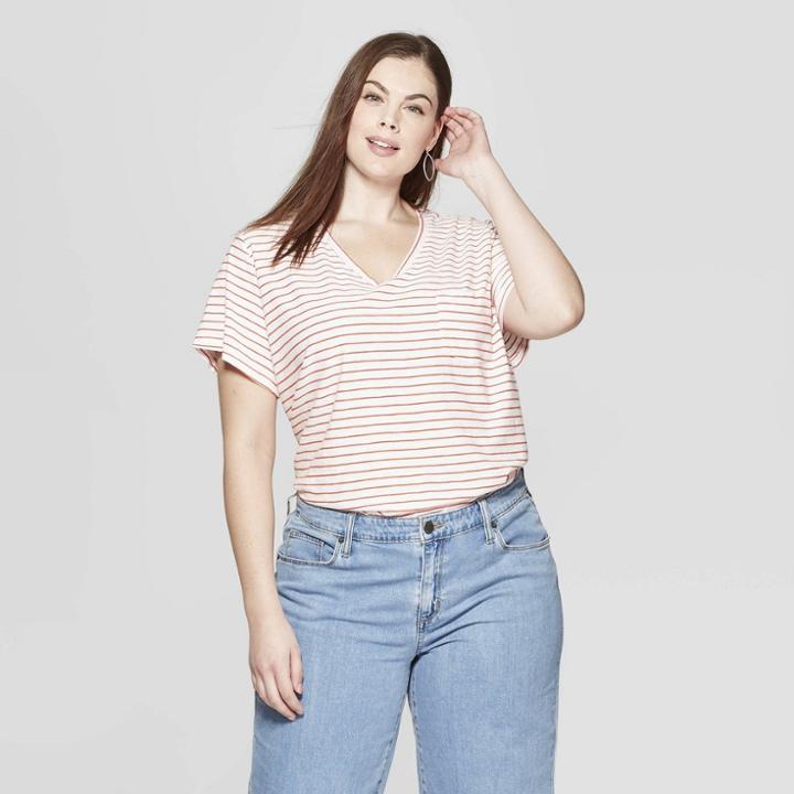 Women's Plus Size Striped Short Sleeve Pocket V-neck T-shirt - Universal Thread Orange