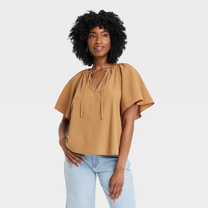 Women's Flounce Short Sleeve V-neck Popover Top - A New Day Brown
