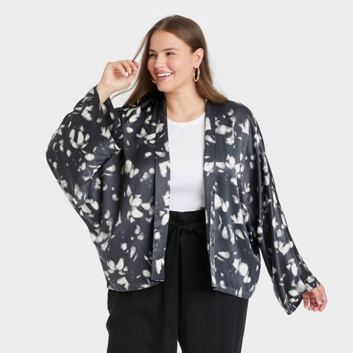 Women's Plus Size Floral Print Short Duster - A New Day One Size, Black/ivory